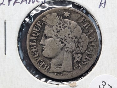 1873-A France 2 Francs 83.5% Silver SCARCE. 528k Minted