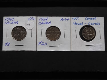 1930 Vf 5c, 1934 AU 5c, 1955 1c Holed, Canada Coins