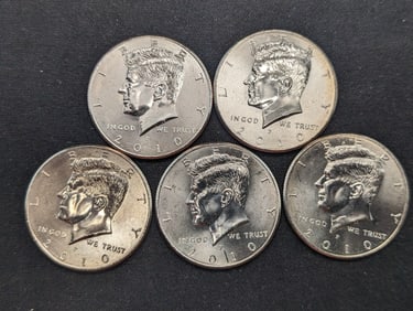 5 2010-P Clad Kennedy Half Dollars Uncirculated From Canvas Mint Bag