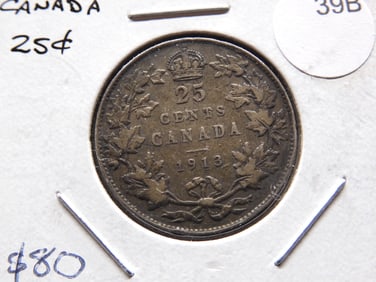 1913 Canada 25 cents. XF