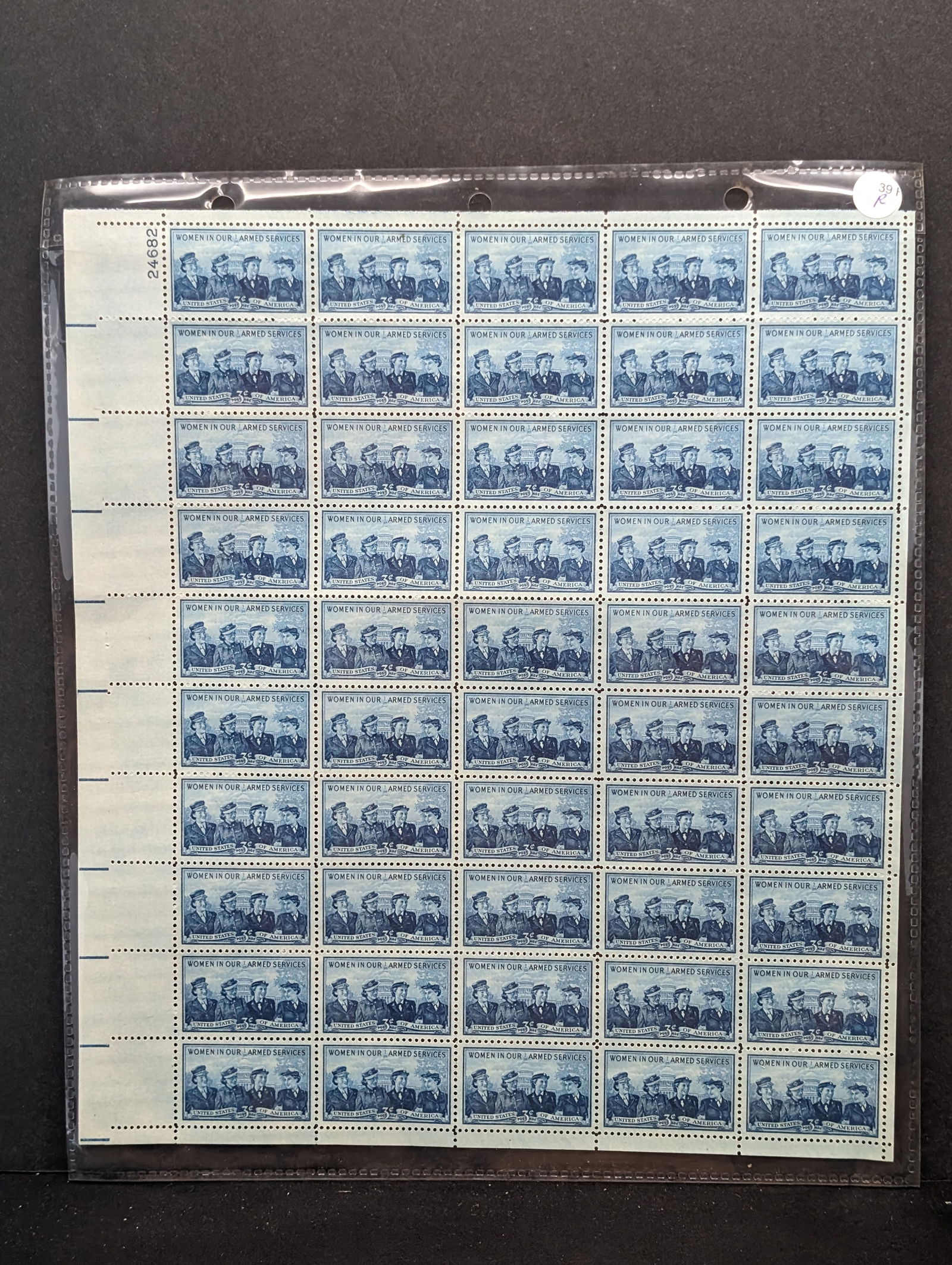 1952 Woman In Our Armed Services 3-Cent Sheet of 50 US. Stamps. Scotts#1013, Plate Block #24682 (1 of 2)