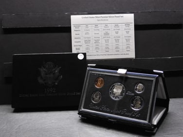 1992-S United States Premier SILVER 5-Coin Proof Sets With Original Gov't Packaging & COA.