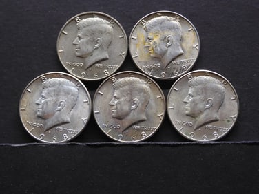 5 1968-D 40% Silver Kennedy Half Dollars