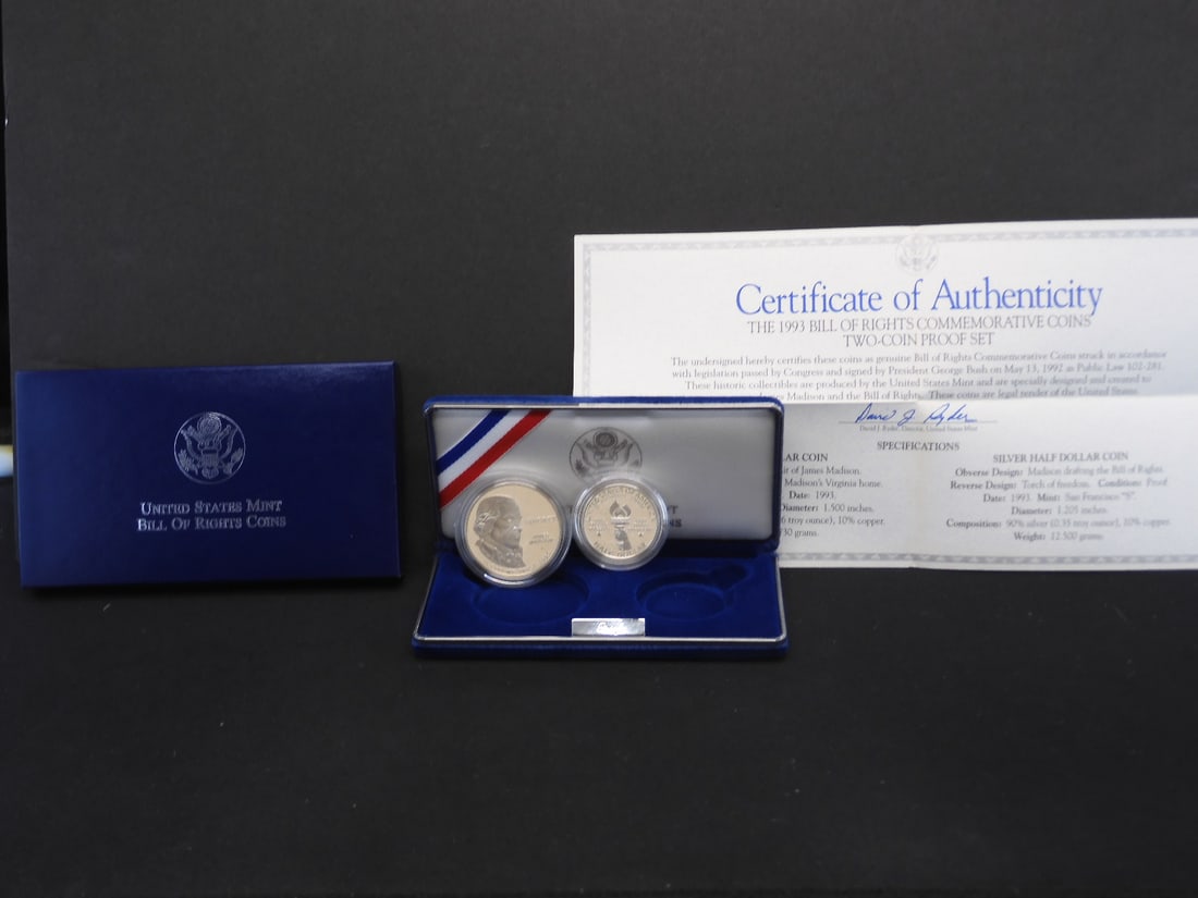 1993-S US Mint Bill of Rights Two Coin Proof Set. 90% Silver Dollar OGP COA: 1993-S US Mint Bill of Rights Two Coin Proof Set. 90% Silver Dollar OGP COA