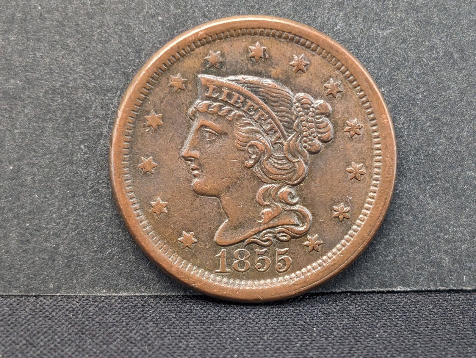 1855 Upright Fives Large Cent. AU.? (1 of 3)