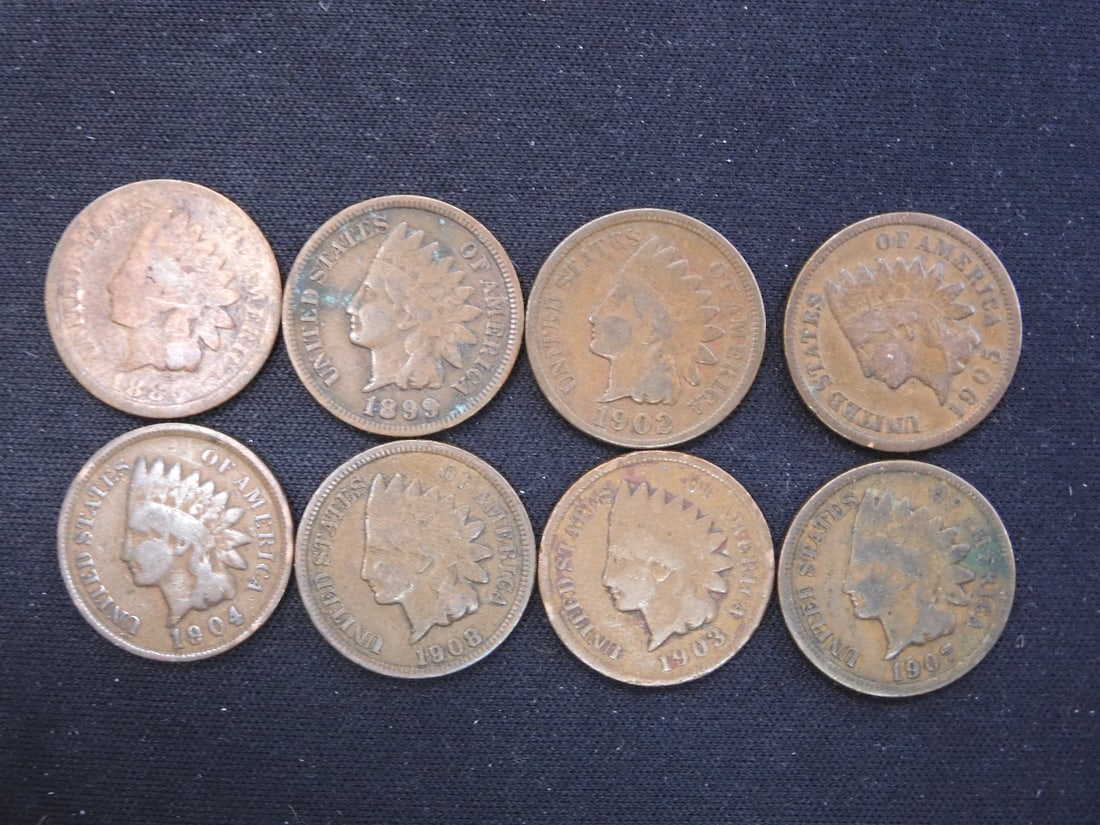 1880, 99, 1902, 03, 04, 05, 07, 08 Indian Head Pennies (8 Coins) (1 of 2)