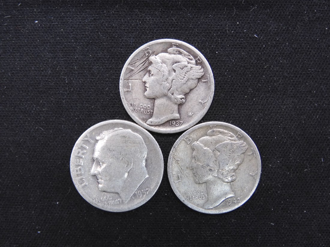 3 more silver Dimes 2 Mercs 1937 P & 42P + 1952 P Rosy: 3 more silver Dimes 2 Mercs 1937 P & 42P + 1952 P Rosy