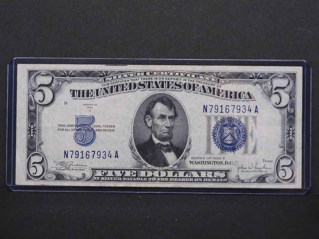 1934-C Blue Seal $5 Silver Certificate. CRISP UNC (1 of 3)