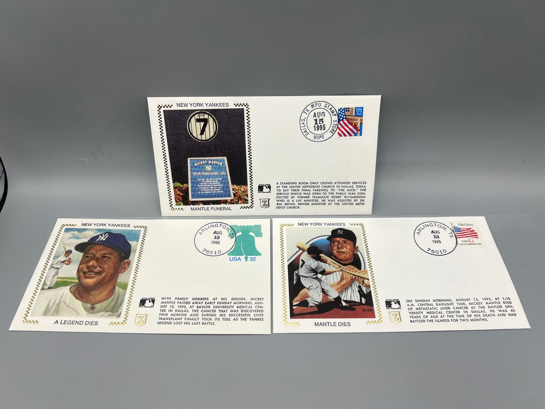 1995 Mickey Mantle Tribute Silk Cachet First Day Cover Lot of 3 Different (1 of 2)