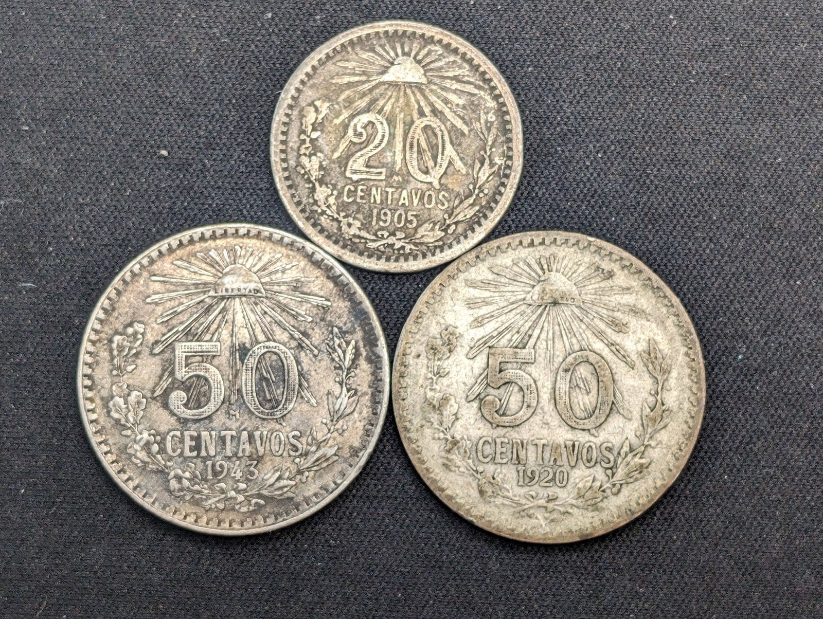 1905 Mexico 20 Centavos 80% Silver, 1920 Mexico 50 Centavos 72% Silver, & 1943 50 Centavos 72% (1 of 2)