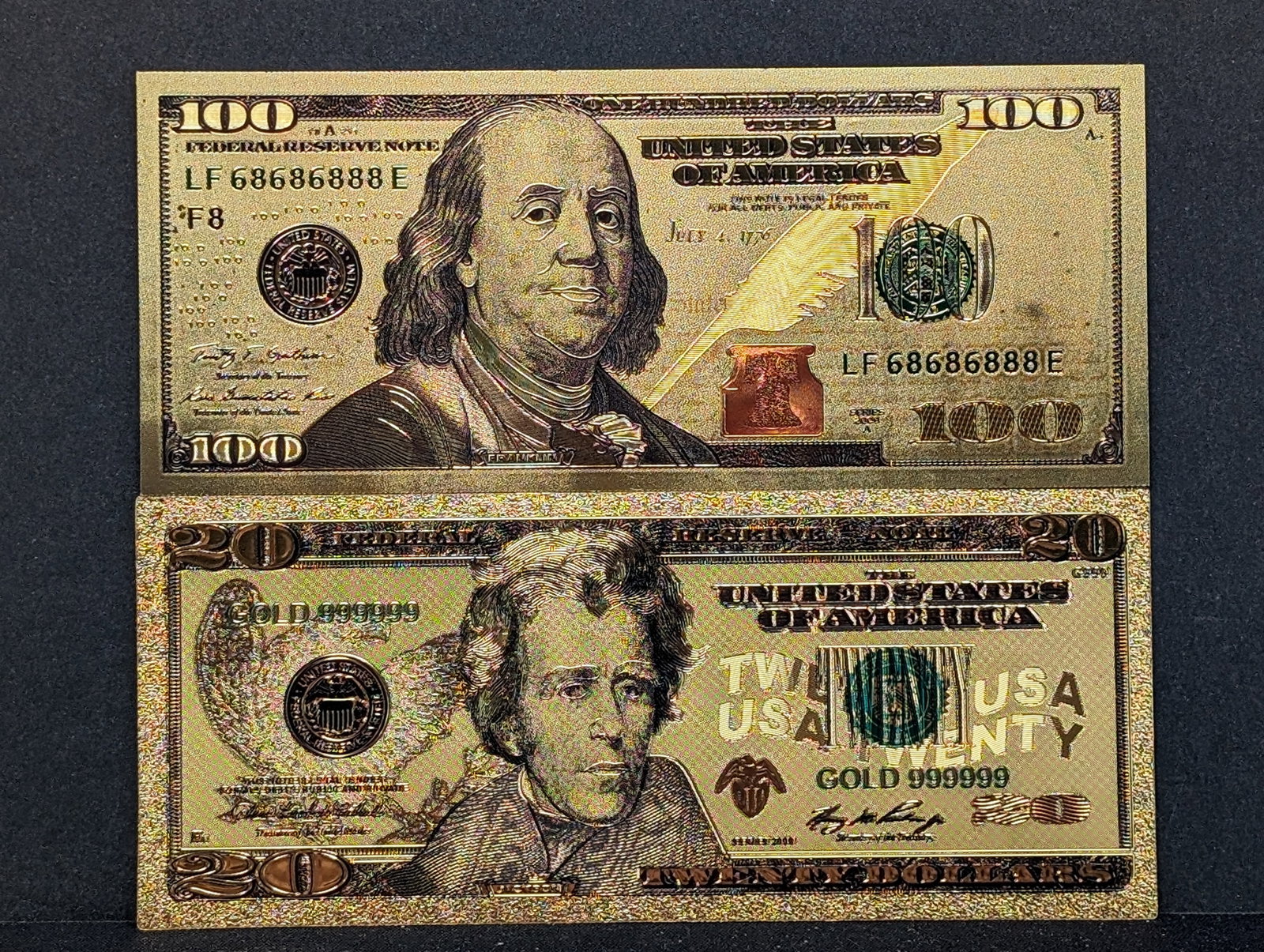2 Gold Foiled U.S. Bank Notes- $20 + $100: 2 Gold Foiled U.S. Bank Notes- $20 + $100