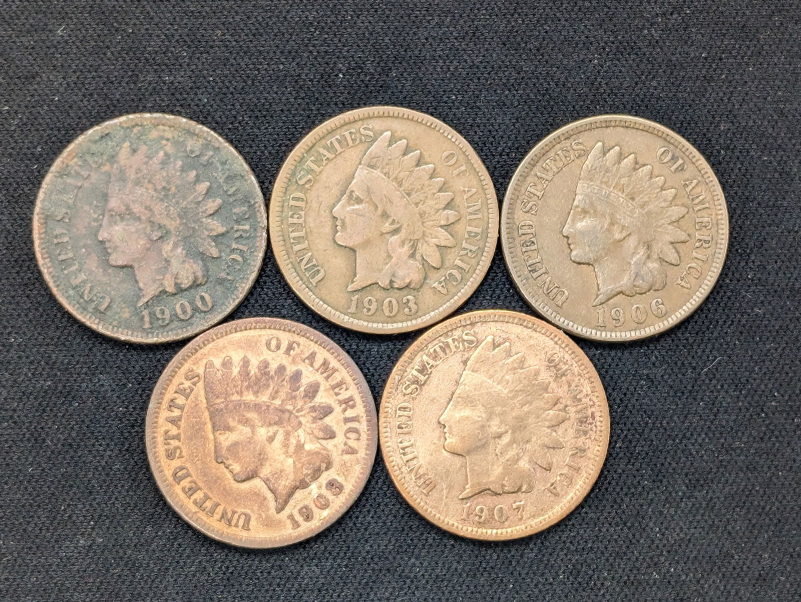 1900, 1903, 1906, 1907, 1908 Indian Head Cents (1 of 2)
