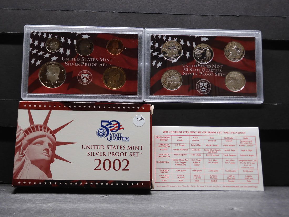2002-S US silver proof set. Regular coinage plus silver state quarters. Nice box plus COA (1 of 7)