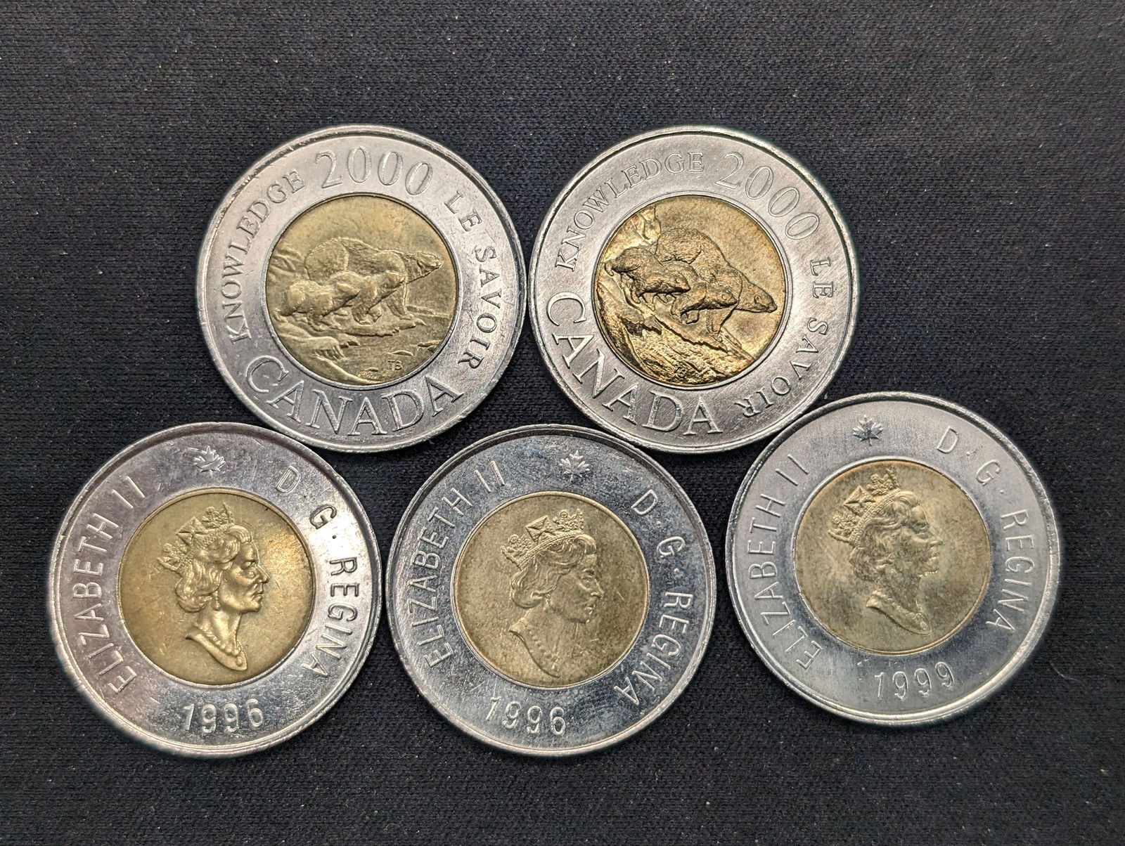 2 1996, 1 1999, 2 2000 Canadian Two Dollar Coins (1 of 2)