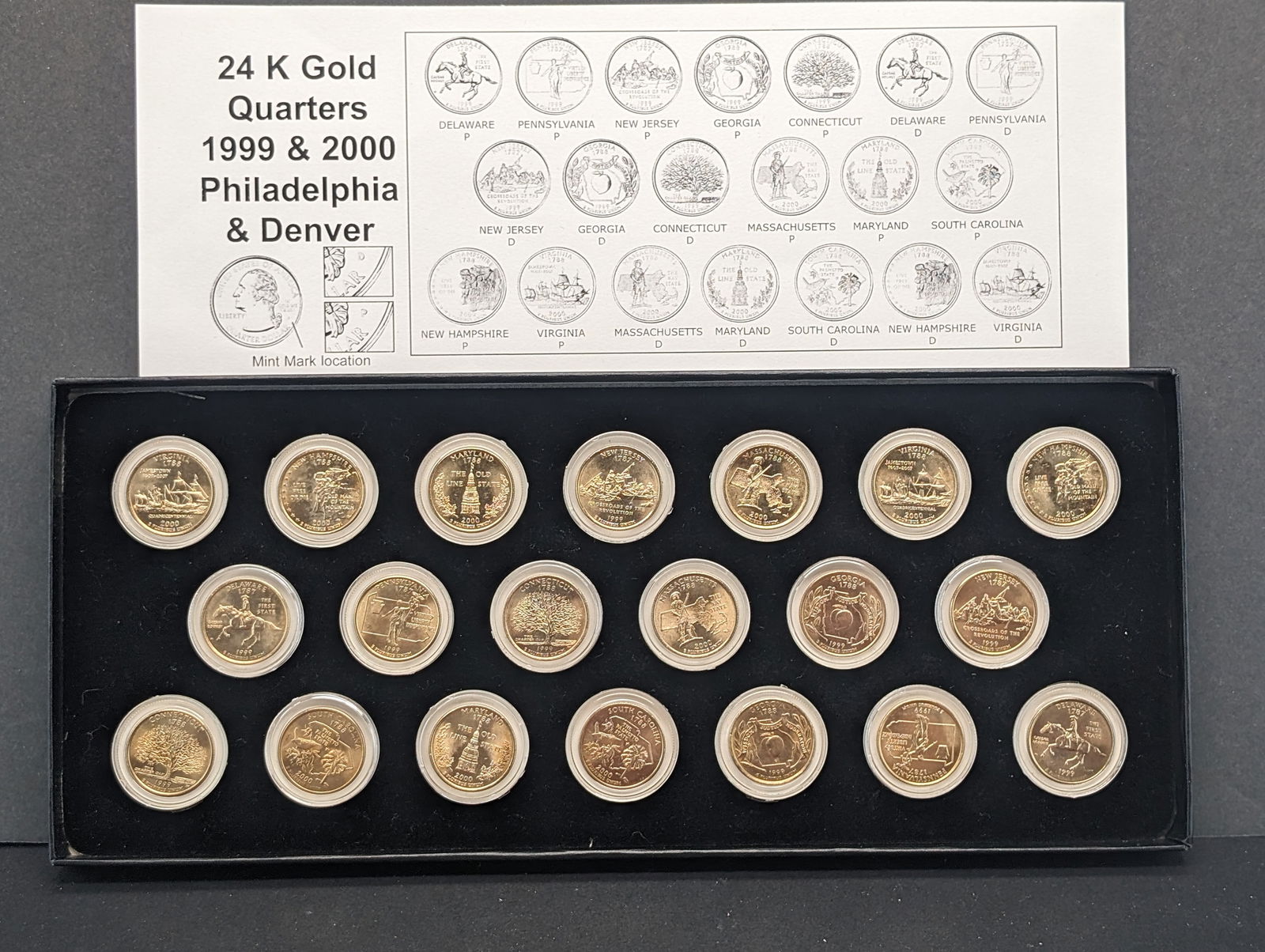 24K GOLD Plated Quarters 1999 P,D, 2000 P,D (20 Coin Set) All In Capsules/Case (1 of 5)