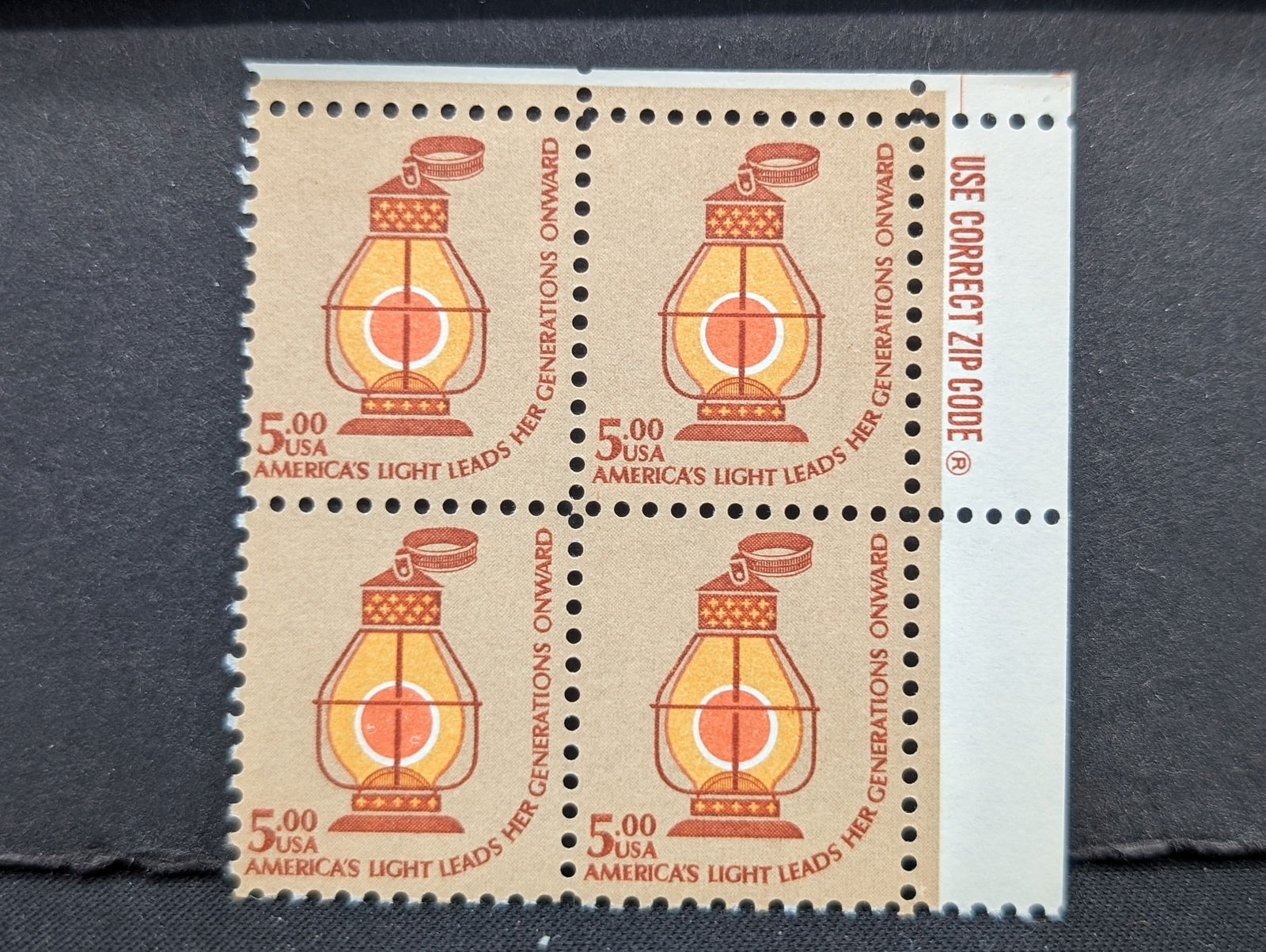 Scott #1612 $5 Railroad Conductor's Lantern Plate Block- Mint, Never Hinged (1 of 1)