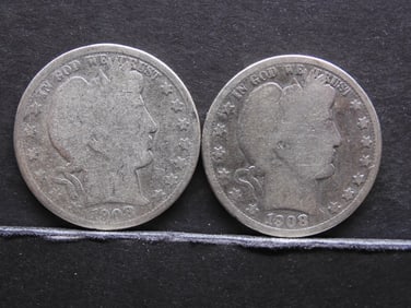 (2) 1908-O Barber Half Dollars
