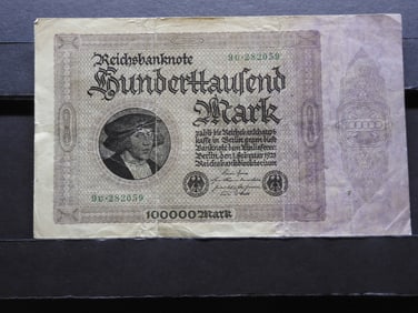 1923 Germany 100000 Mark Reichsbanknote. Scarce Post WWI Note