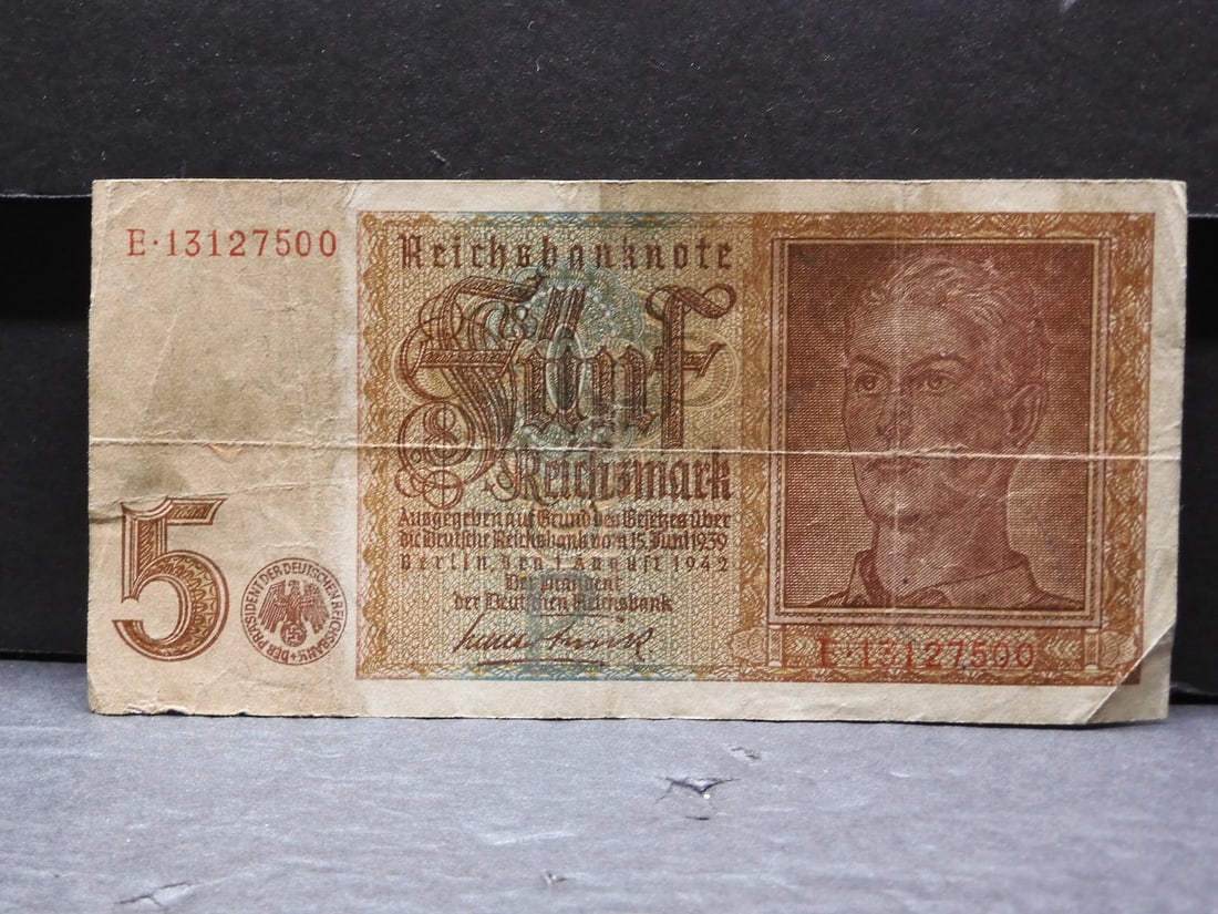 1942 Germany WWII Funf Reichsmark Note. Scarce WWII Currency (1 of 3)