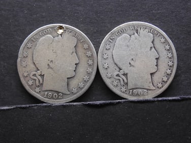 (2) 1902 Damaged Barber Half Dollars