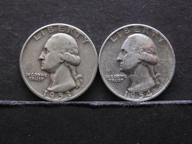 1953-D + 1954-D 90% Silver Washington Quarters