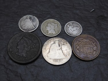 U.S. Type Coins. Large Cent, 2-Cents, 3c Nickel, Half Dime, Dime, and Quarter.