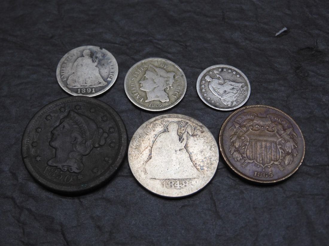 U.S. Type Coins. Large Cent, 2-Cents, 3c Nickel, Half Dime, Dime, and Quarter. (1 of 5)