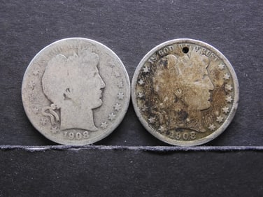 (2) 1908 Damaged Barber Half Dollars