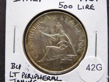 1961 Italy 500 Lire. 83.5% Silver. CH BU, Toned
