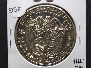 1974 Panama 1 Balboa, 90% Silver. CH BU
