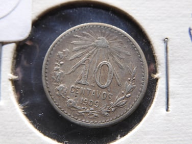 1909 Mexico 10 Centavos 80% Silver. Scarce Date!