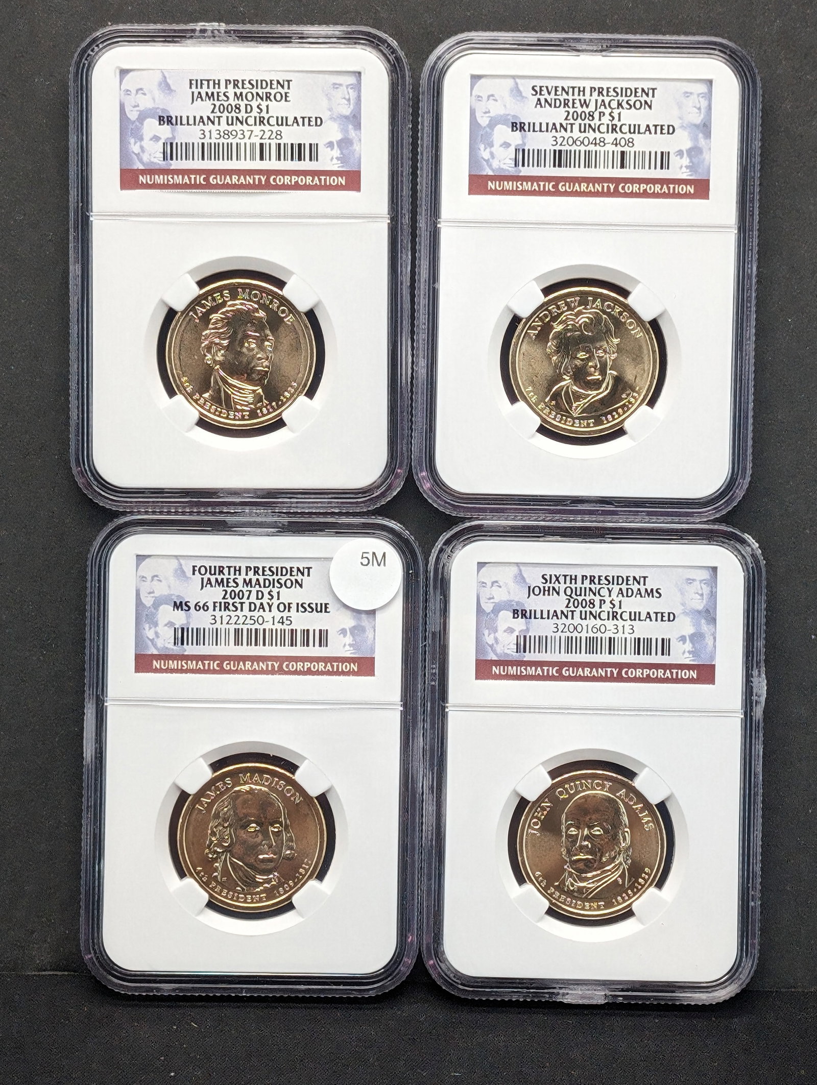 Four Brilliant Uncirculated First Day Of Issue 2007 & 2008 Presidential Dollars Graded By NGC: Four Brilliant Uncirculated First Day Of Issue 2007 & 2008 Presidential Dollars Graded By NGC Grading Co. 4th 5th 6th & 7th Presidents. Madison Monroe Adams Jackson.
