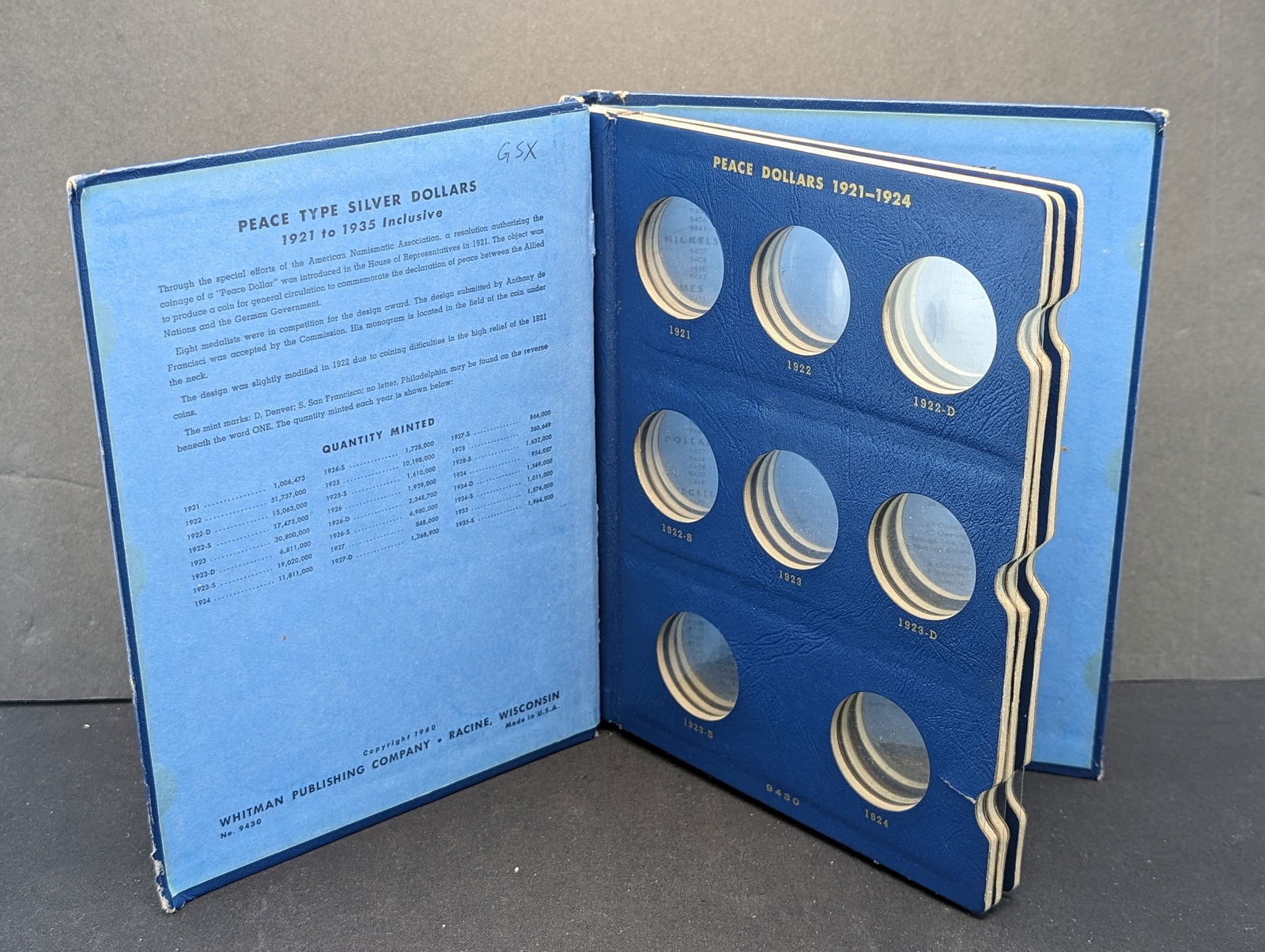 EMPTY 1921-1935 Peace Dollars Whitman 3-Page Slide Album.  Positions for 24 Coins. (1 of 3)