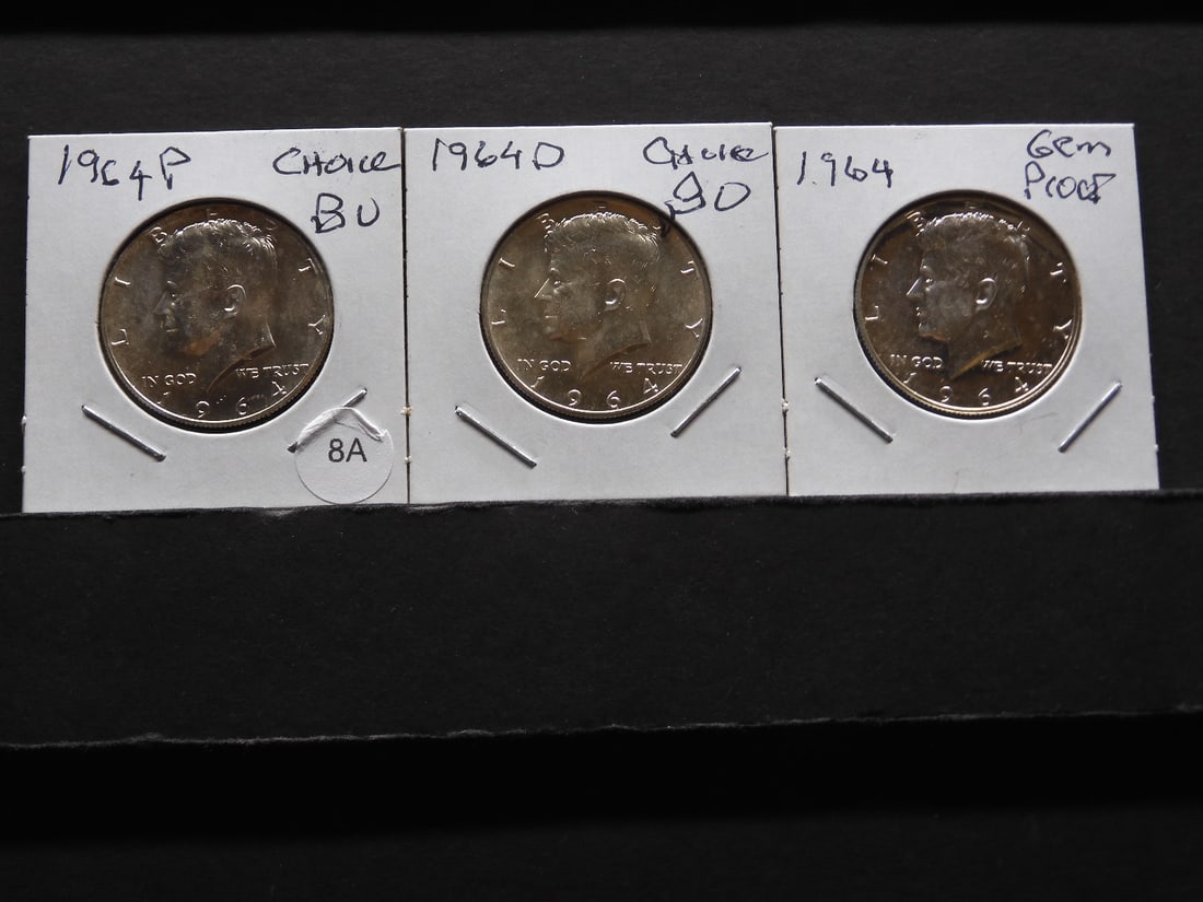 Three 1964 silver Kennedy Halves: 64 P, 64 D both choice BU and 1964 GEM Proof. (1 of 3)