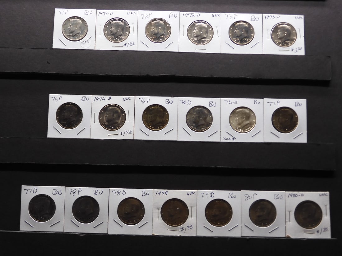 19 different BU Kennedy Halves, complete from 1971-P to 1980-D. 18 clad and one 40% silver, 1976-S. (1 of 8)