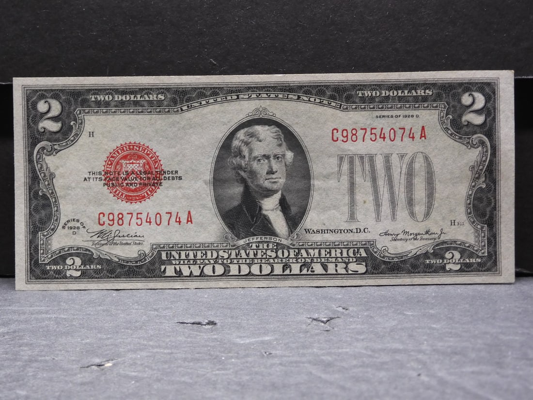 1928 D $2 US Red Seal Note. Almost Uncirculated. (1 of 3)