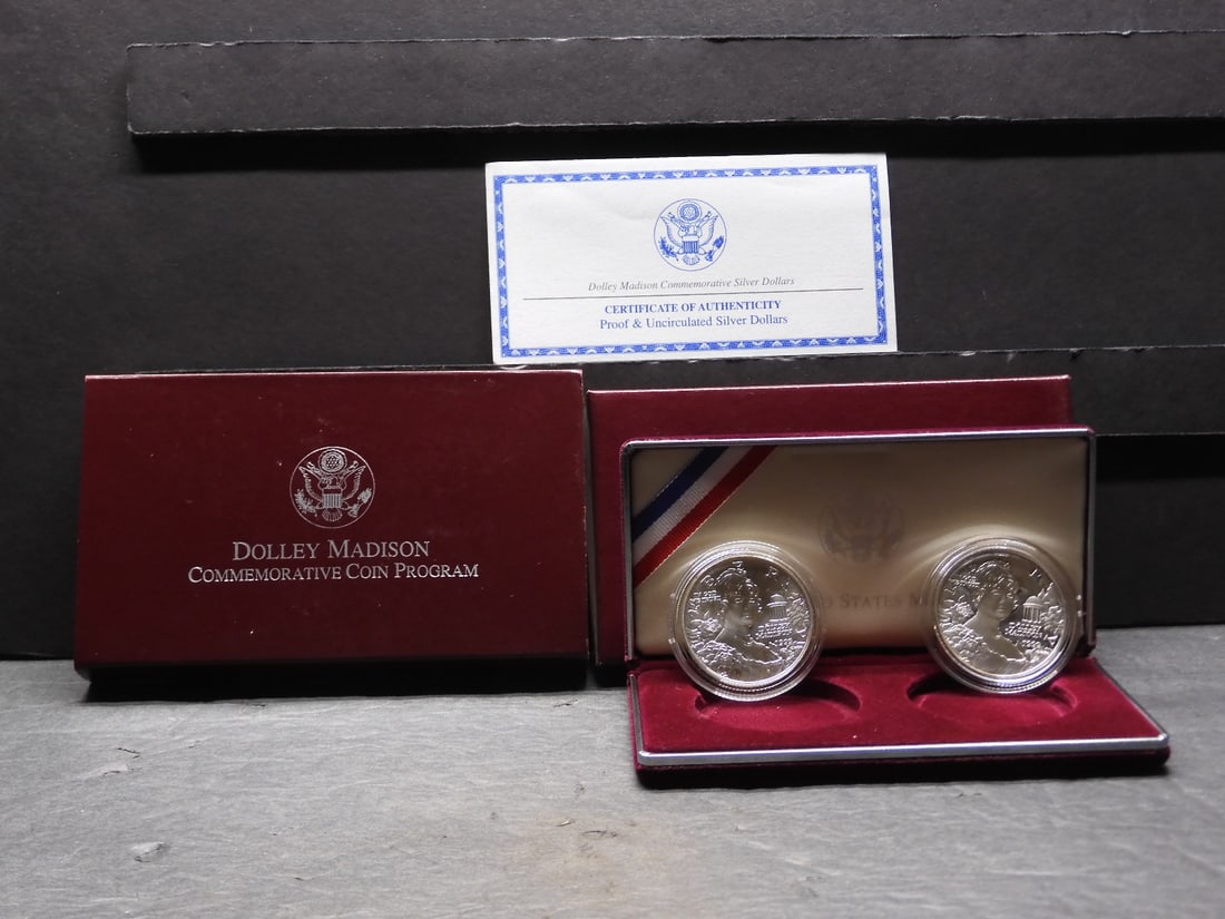 1999-P PROOF & UNC Dolley Madison Commem 2-Coin Silver Dollar Set in OGP w/ COA (1 of 4)