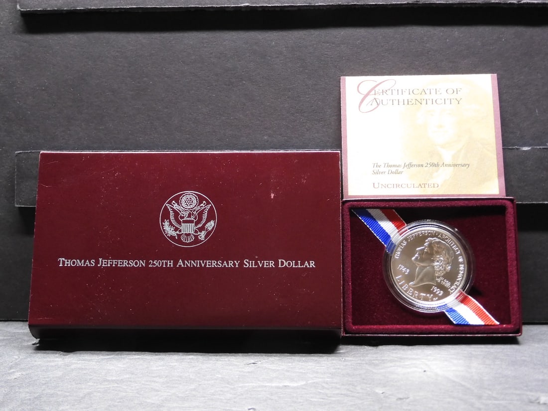 1993-P UNC Thomas Jefferson 250th Anniv. Commem Silver Dollar in OGP w/ COA (1 of 4)