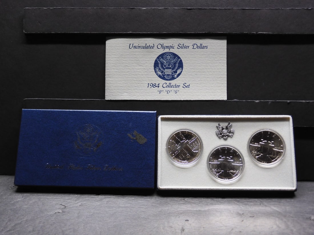 1984-P,D&S UNC Olympic Coliseum Gateway Commem 3-Coin Silver Dollar Set in OGP w/ COA (1 of 4)