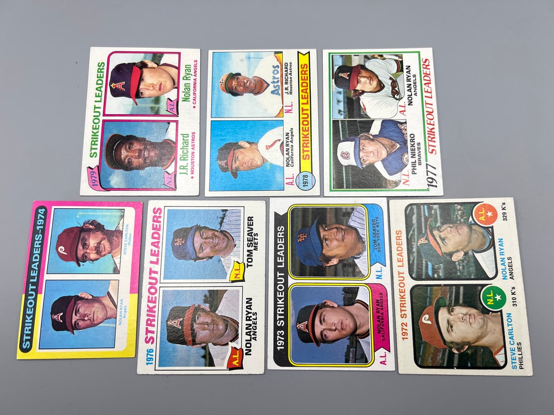 Lot of (7) Assorted Nolan Ryan Baseball Leaders Cards - Varying Conditions (1 of 2)