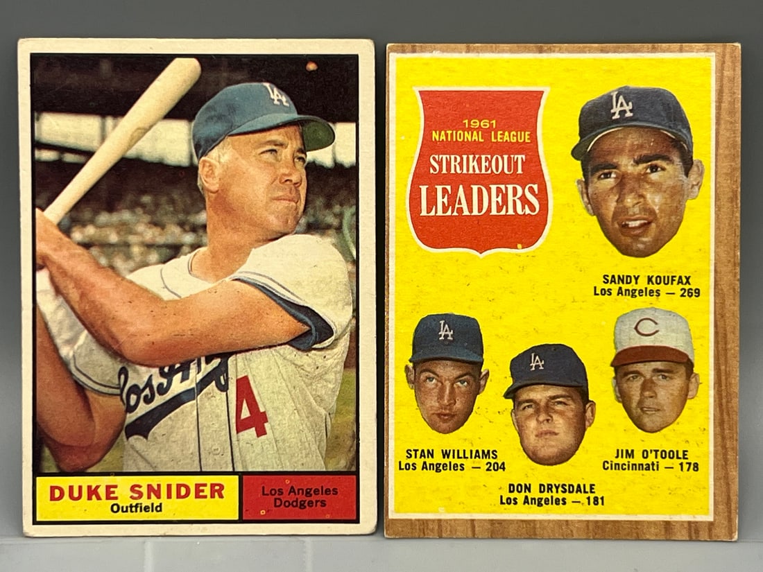 1961 Topps Duke Snider #443 & 1962 Topps NL Strikeout Leaders Koufax/Williams/Drysdale/O'Toole #60 (1 of 2)