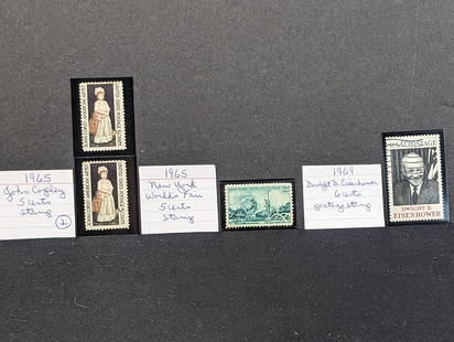1965 New York Worlds Fair 5 Cent + (2) 1965 John Copley 5 Cents + 1969 Dwight D. Eisenhower 6 Cents: 1965 New York Worlds Fair 5 Cent + (2) 1965 John Copley 5 Cents + 1969 Dwight D. Eisenhower 6 Cents Stamps