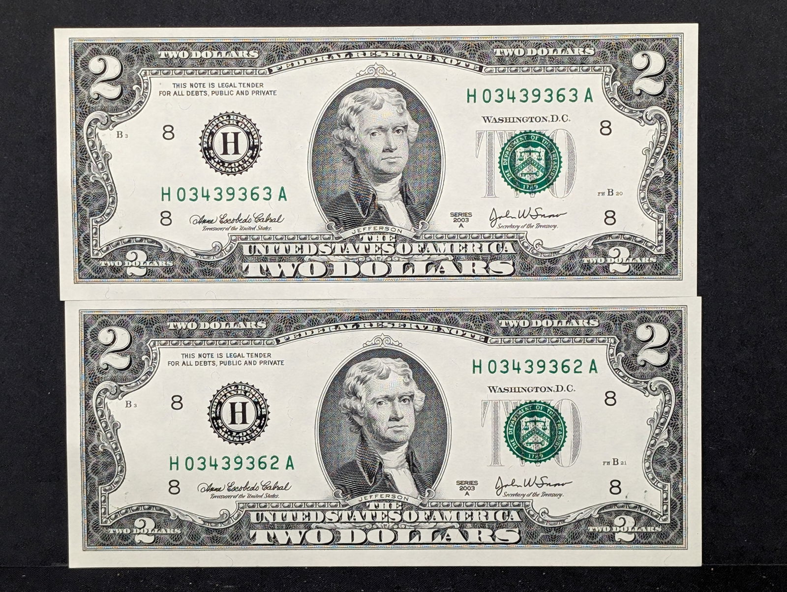 (2) 2003-A Series $2 Bank Note - Consecutive Serial #'s (1 of 3)