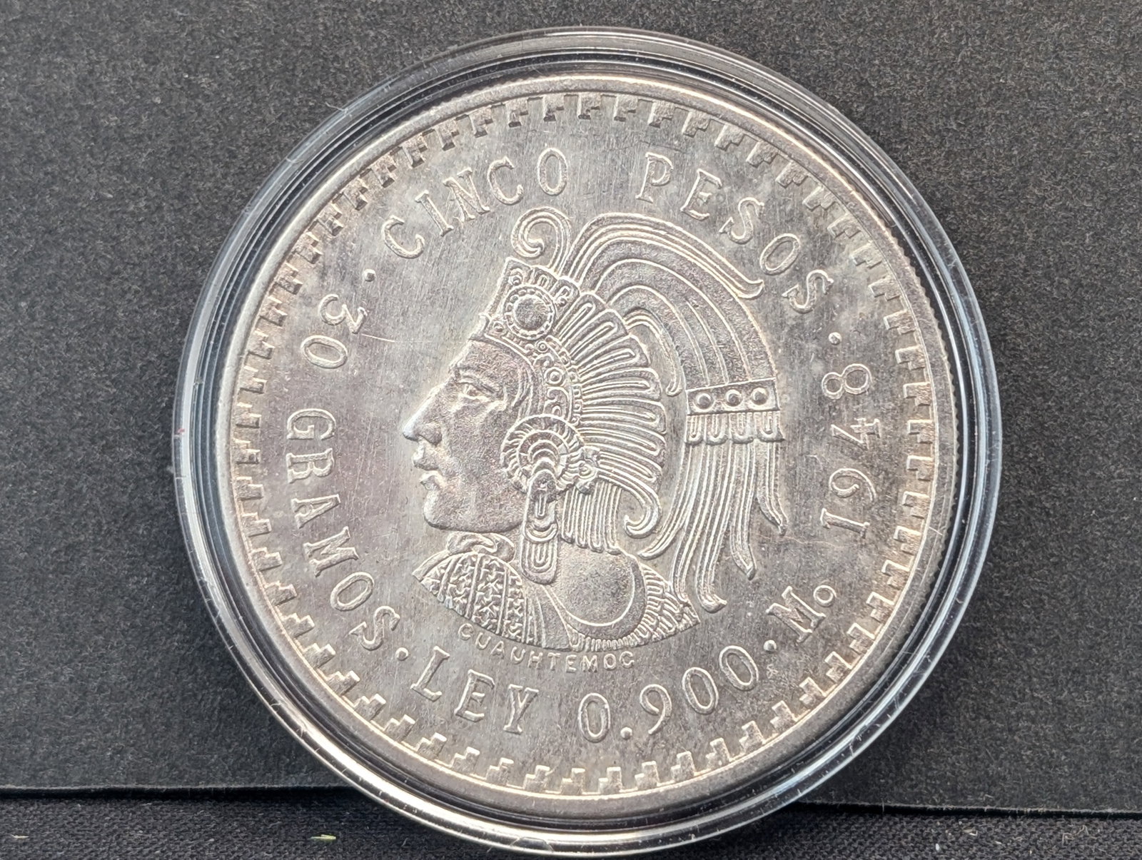 1948 Mexico 90% silver 5 Pesos. Mayan Warrior. A stunning design.: 1948 Mexico 90% silver 5 Pesos. Mayan Warrior. A stunning design.