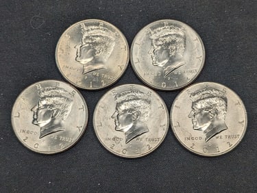(5) 2012-P Clad Kennedy Half Dollars Uncirculated From Canvas Mint Bag