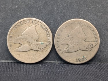1858 Small and Large Letters Flying Eagle Cents. Nice detail. Original.