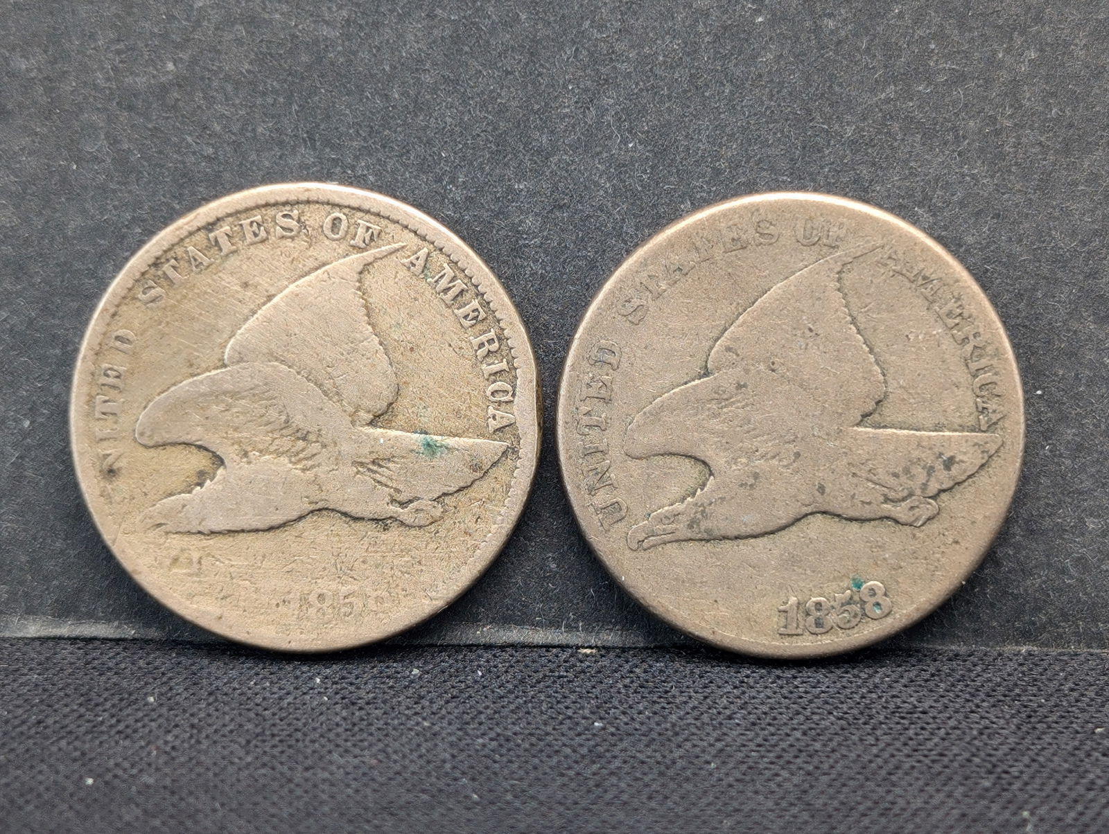 1858 Small and Large Letters Flying Eagle Cents. Nice detail. Original. (1 of 3)