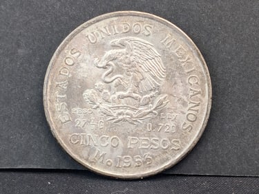 1953 Mexico 5 Pesos. 27.9 grams of .720 silver. Choice BU. Very attractive toning.