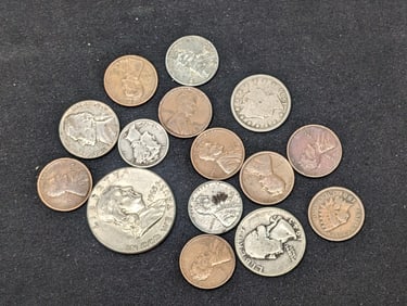 15 assorted Coins Multiple silver denominations, nickels Pennies