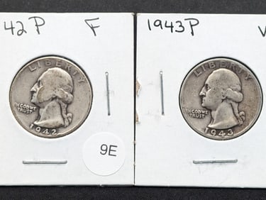 1942-P (F) + 1943-P (VF) 90% Silver Washington Quarters